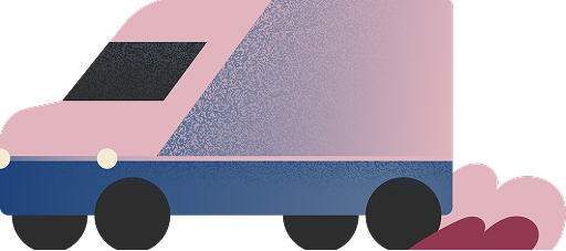 A stylized drawing of a pink train with black windows and wheels, and a purple and pink smoke plume.