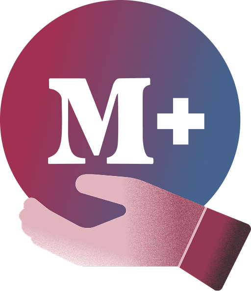 A hand holding a purple tablet displaying an 'M+' logo with a cross symbol in the top right corner.
