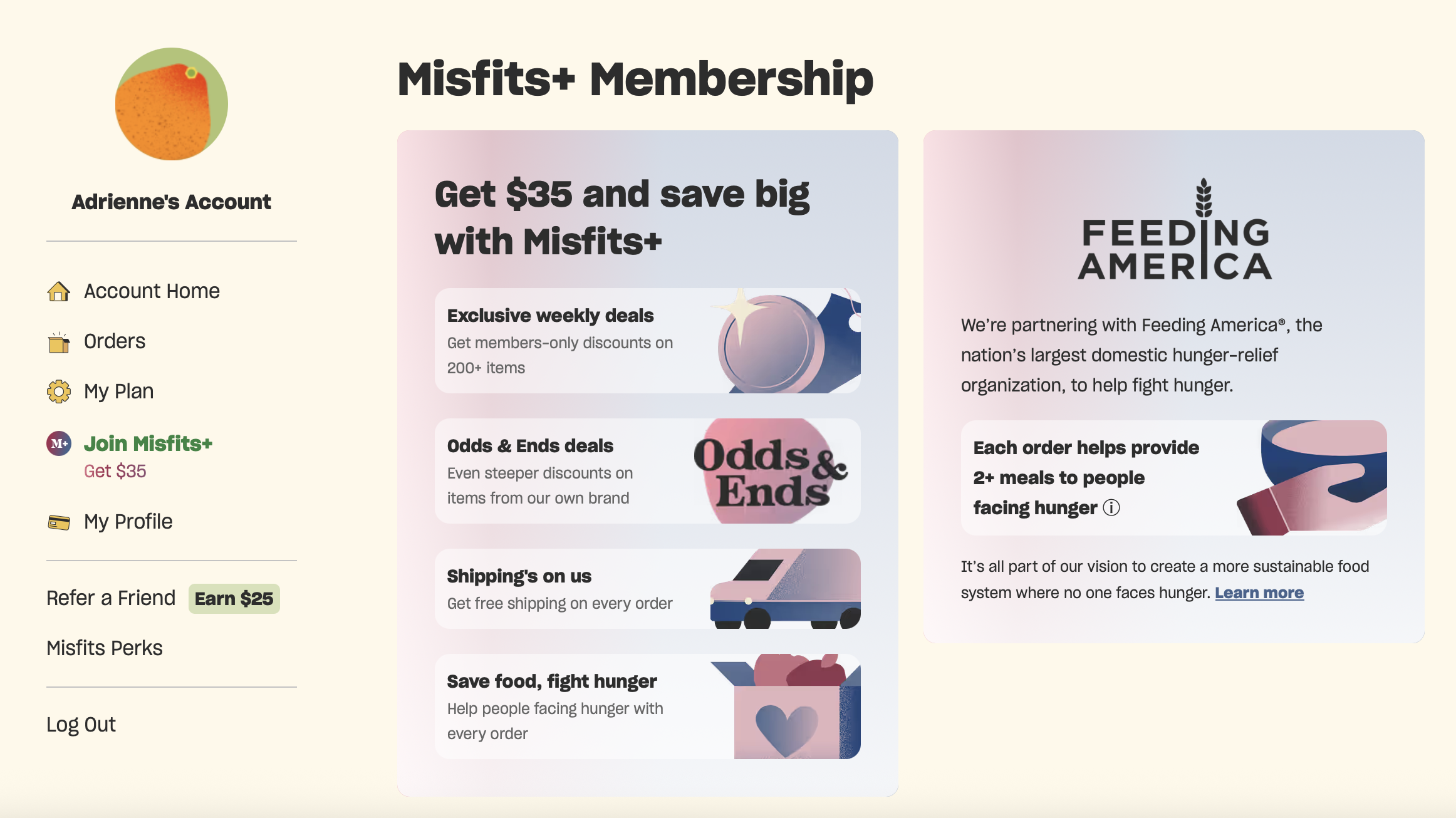 Screenshot of a membership webpage for Misfits+ showing membership benefits and partnership with Feeding America, including exclusive deals, discounts, free shipping, and hunger relief partnerships.