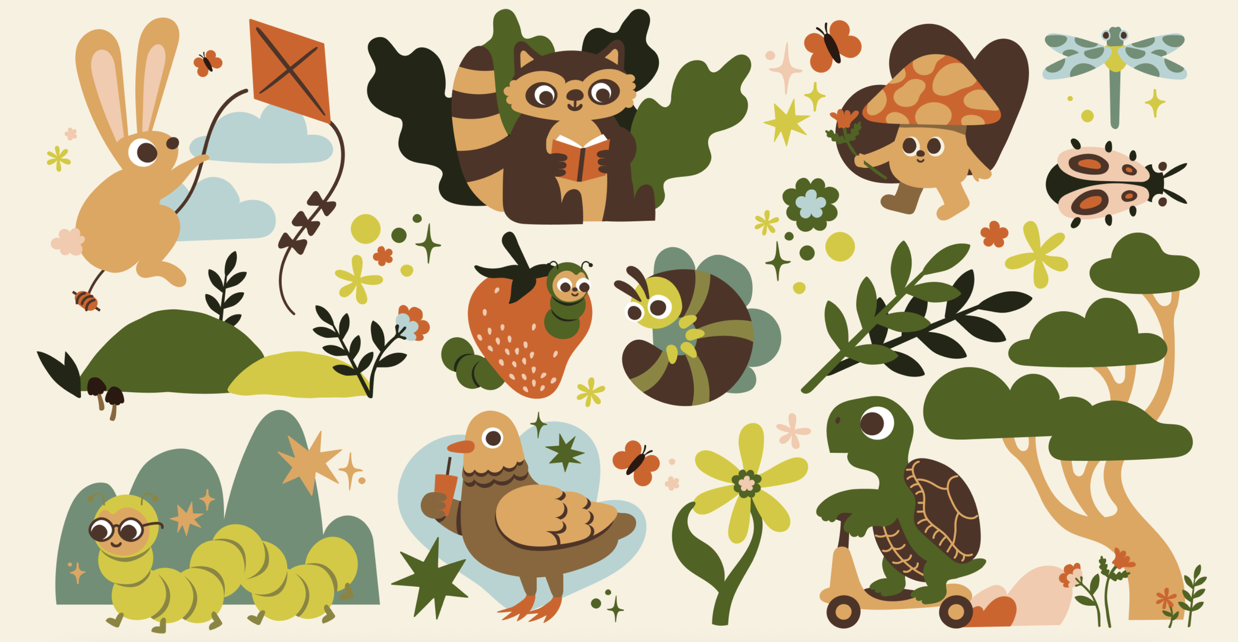 Illustration of various cartoon insects, animals, and plants including a bunny flying a kite, a raccoon reading a book, a ladybug, a bee, a strawberry with a worm, a caterpillar, a turtle on a skateboard, a bird, a mushroom, and wildflowers.