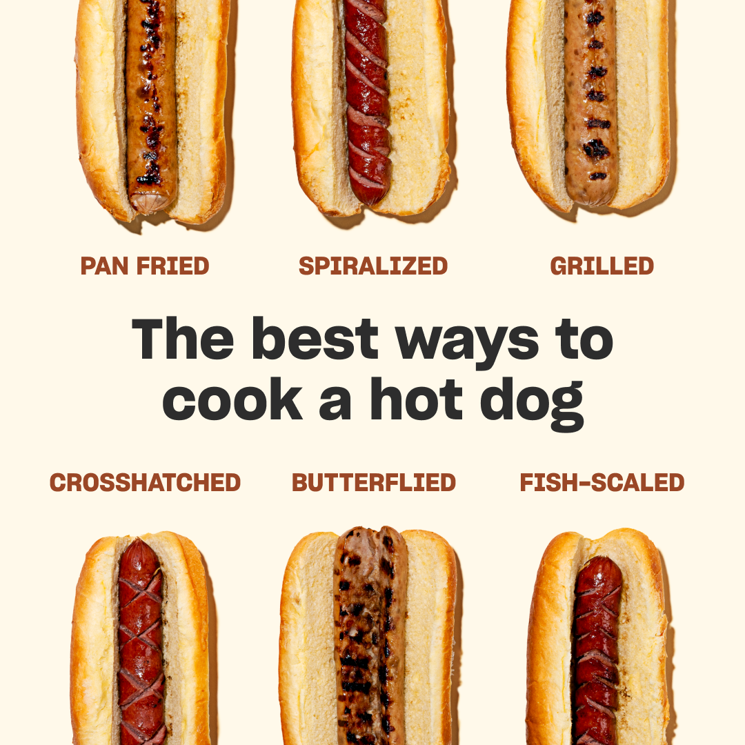 Six hot dogs with different cooking styles, labeled as pan-fried, spiralized, grilled, crosshatched, butterfled, and fish-scaled, displayed on a beige background under the heading 'The best ways to cook a hot dog'.