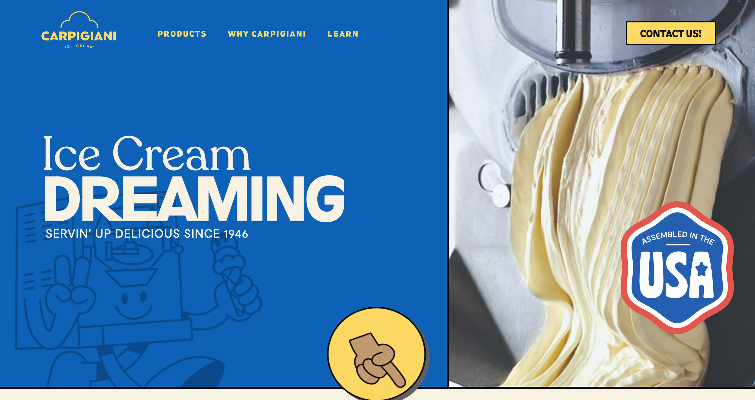 A website homepage for Carpigiani ice cream, featuring a blue section with the text "Ice Cream Dreaming" and a cartoon character holding an ice cream cone, alongside a photograph of ice cream being processed in a machine with a badge that says "Assembled in the USA."