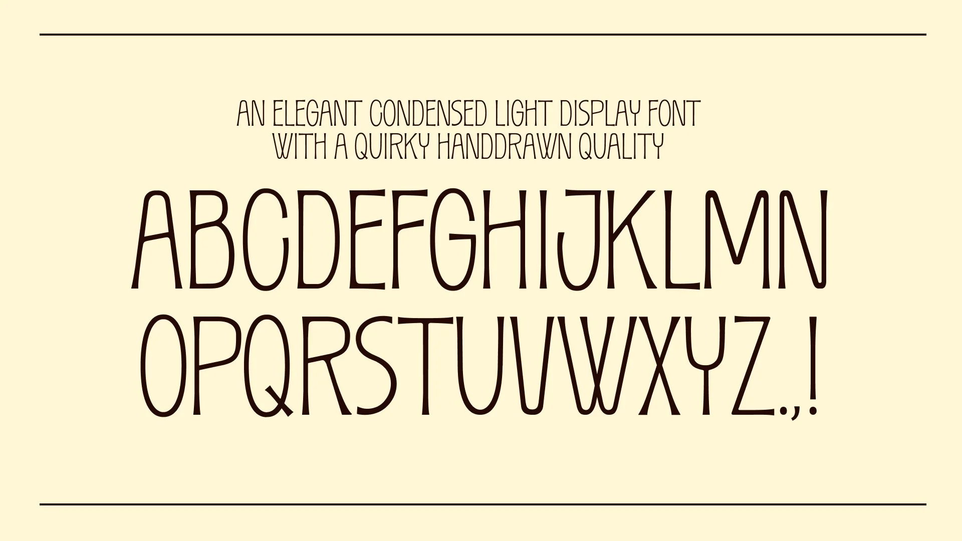 Display of an uppercase alphabet in a handwritten, quirky font on a light background with a note about the font's style at the top.