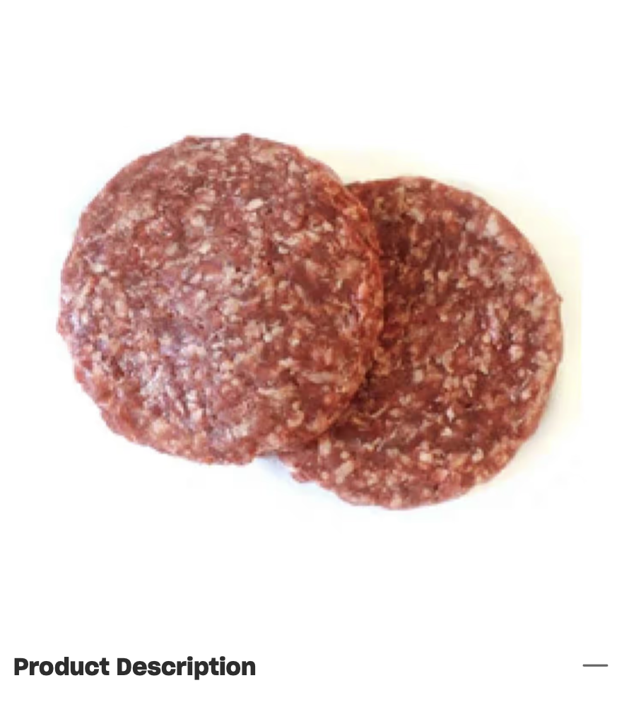 Two raw beef hamburger patties on a white background.