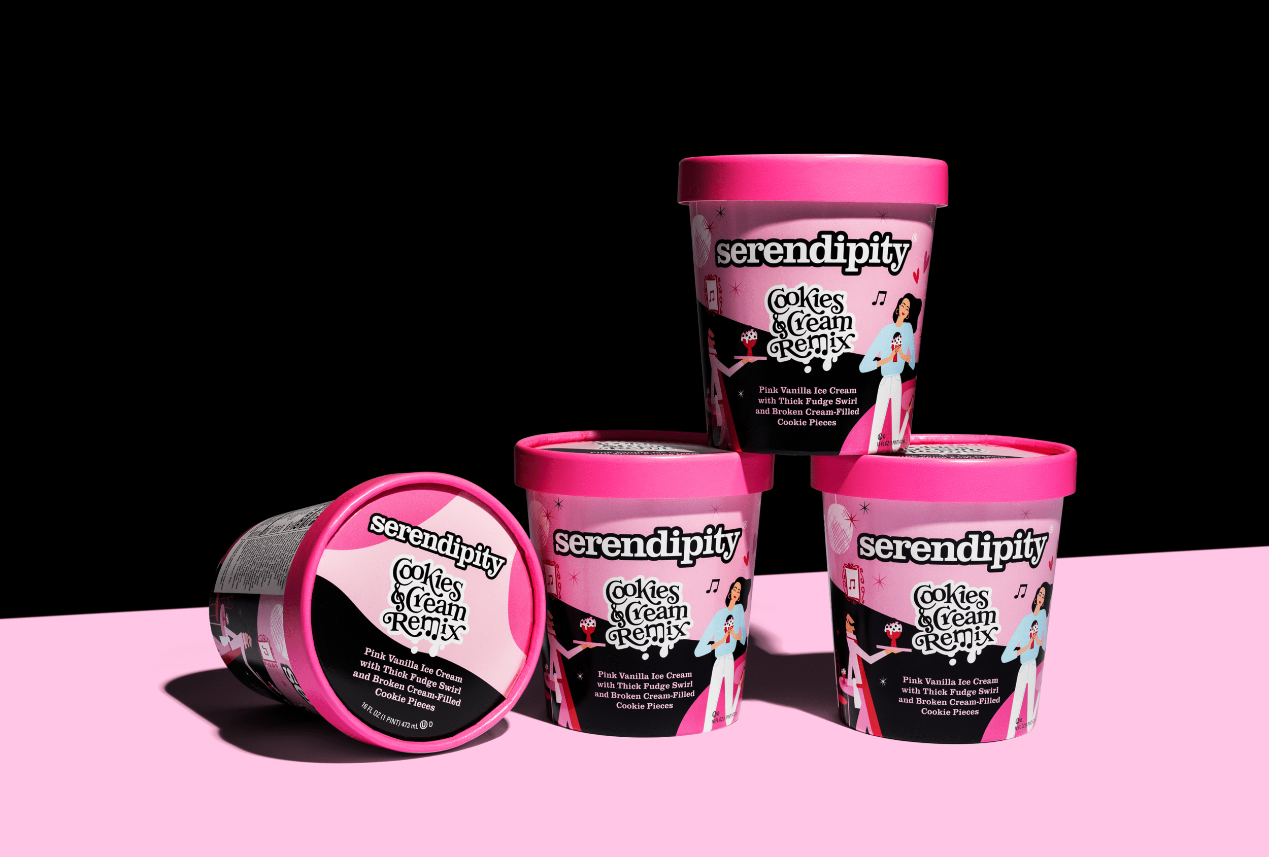 Four pink containers of Serendipity Cookies & Cream Remix ice cream with a black background and pink surface.