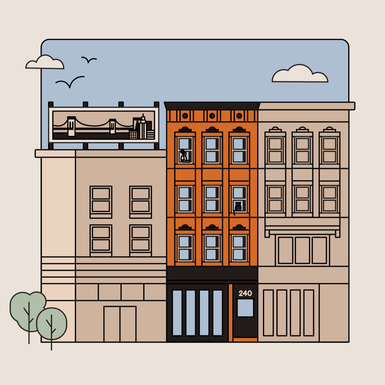 Illustration of a city building facade with three sections, trees in front, blue sky with clouds and birds, and the number 240 on the door.