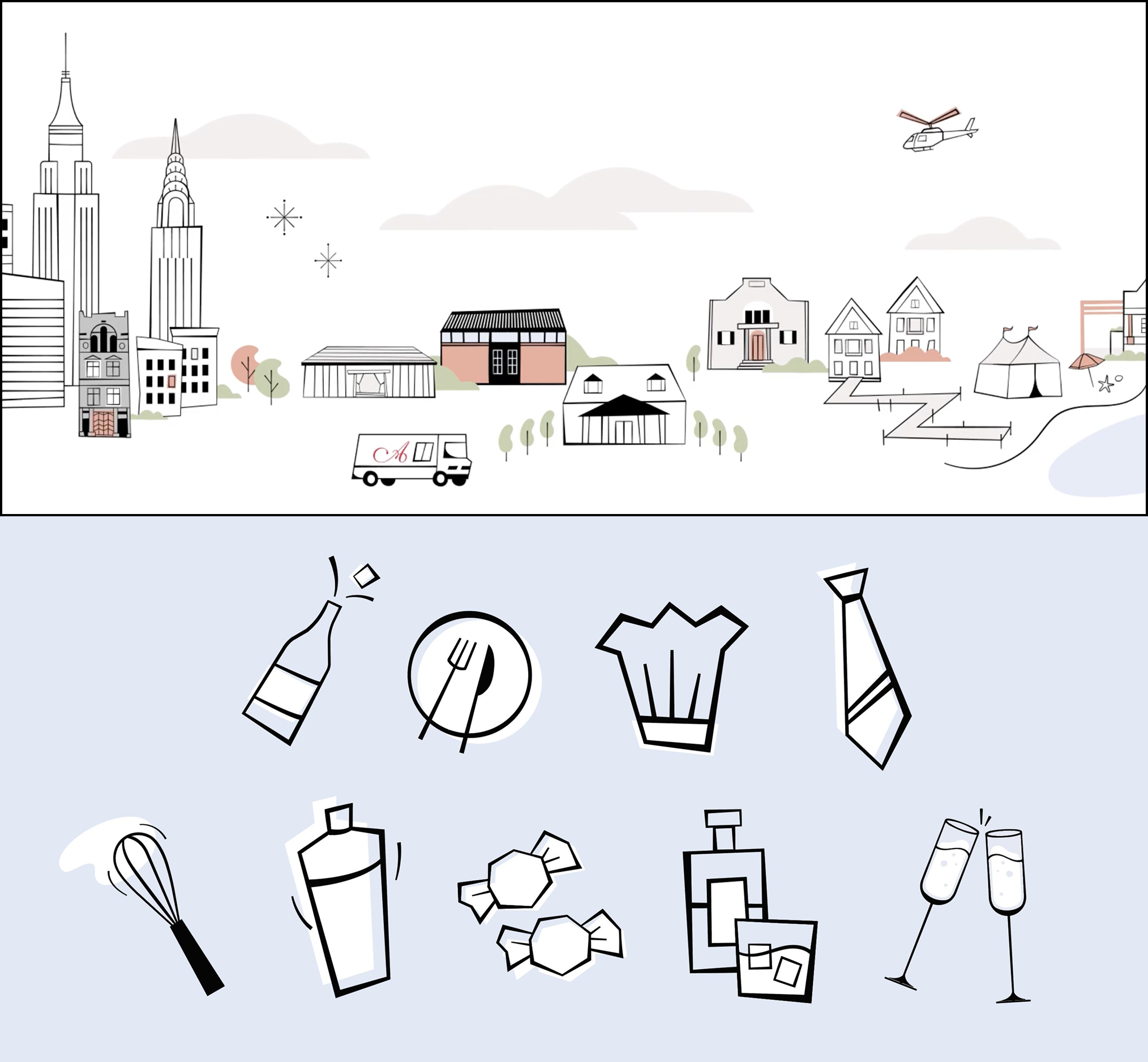 A cityscape with tall buildings, smaller houses, and trees, with a helicopter flying in the sky, and a truck labeled 'A'. Below, there are various icons of beverages, including a bottle of champagne, a champagne flute, a beer bottle, candies, perfume bottles, and two clinking champagne glasses.
