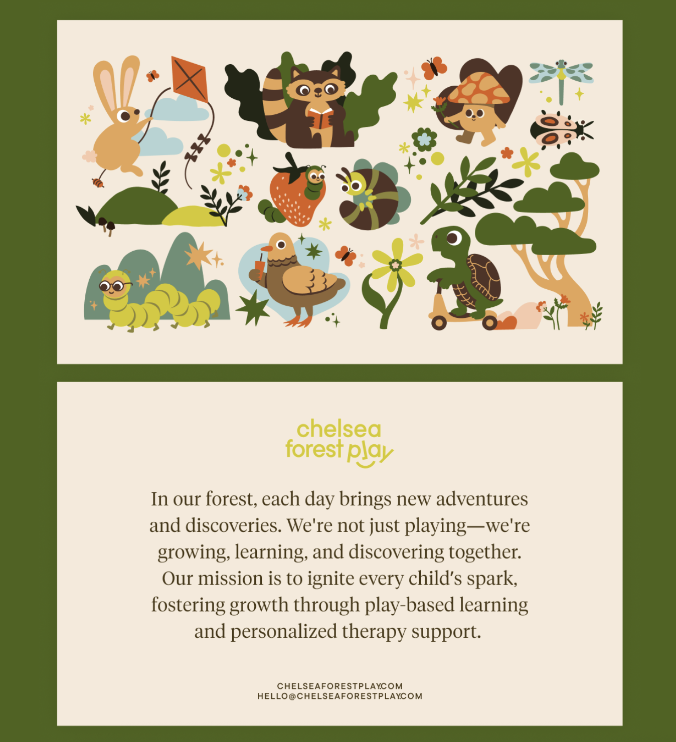 A colorful illustration of various forest animals including a rabbit, squirrel, bee, butterfly, caterpillar, spider, mushroom, dragonfly, turtle, and bird, set against a green outdoor backdrop with trees and plants.