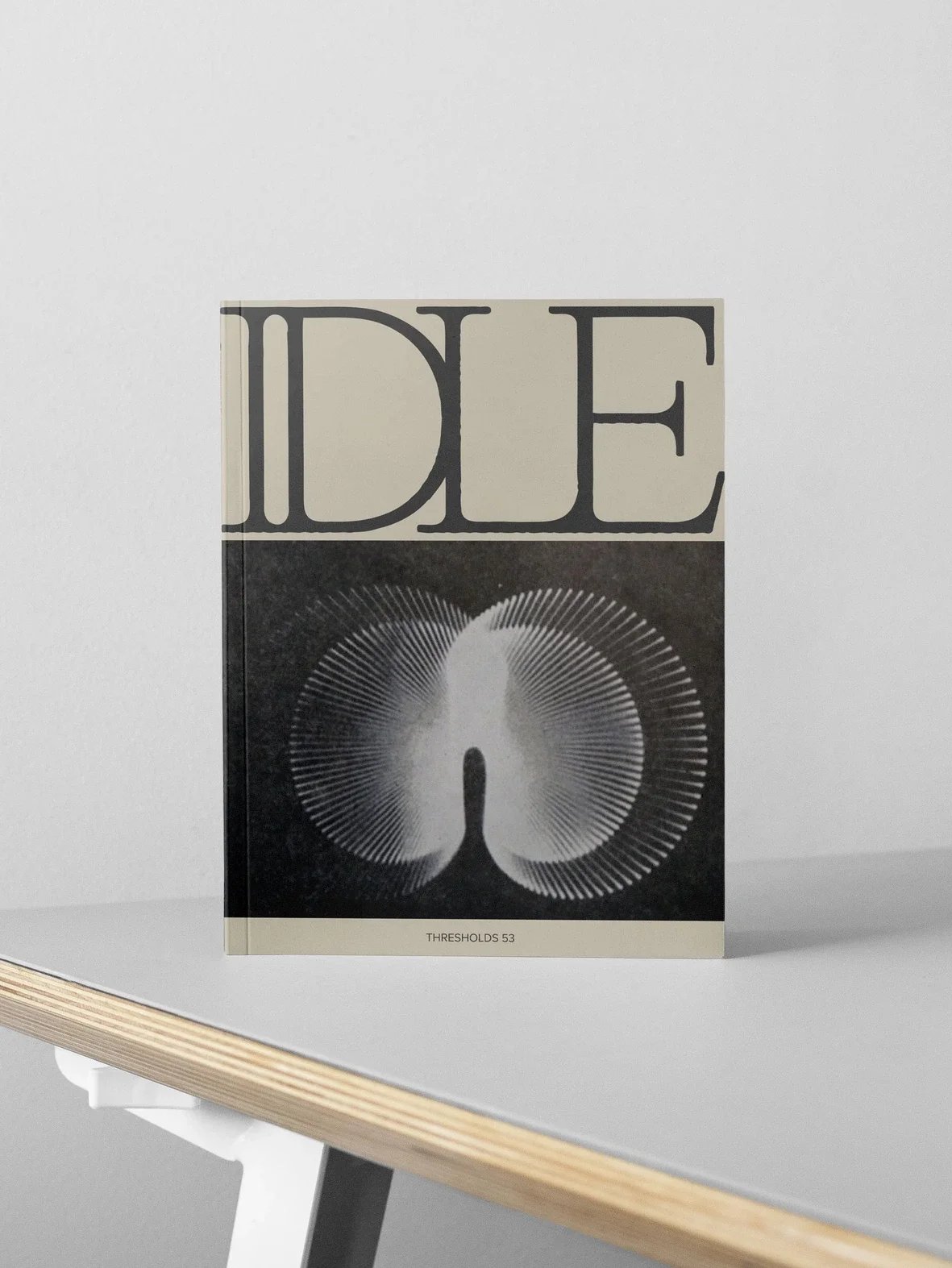A book titled 'IDLE' with a black and white cover design featuring a symmetrical abstract illustration on a white background, placed on a light-colored table.