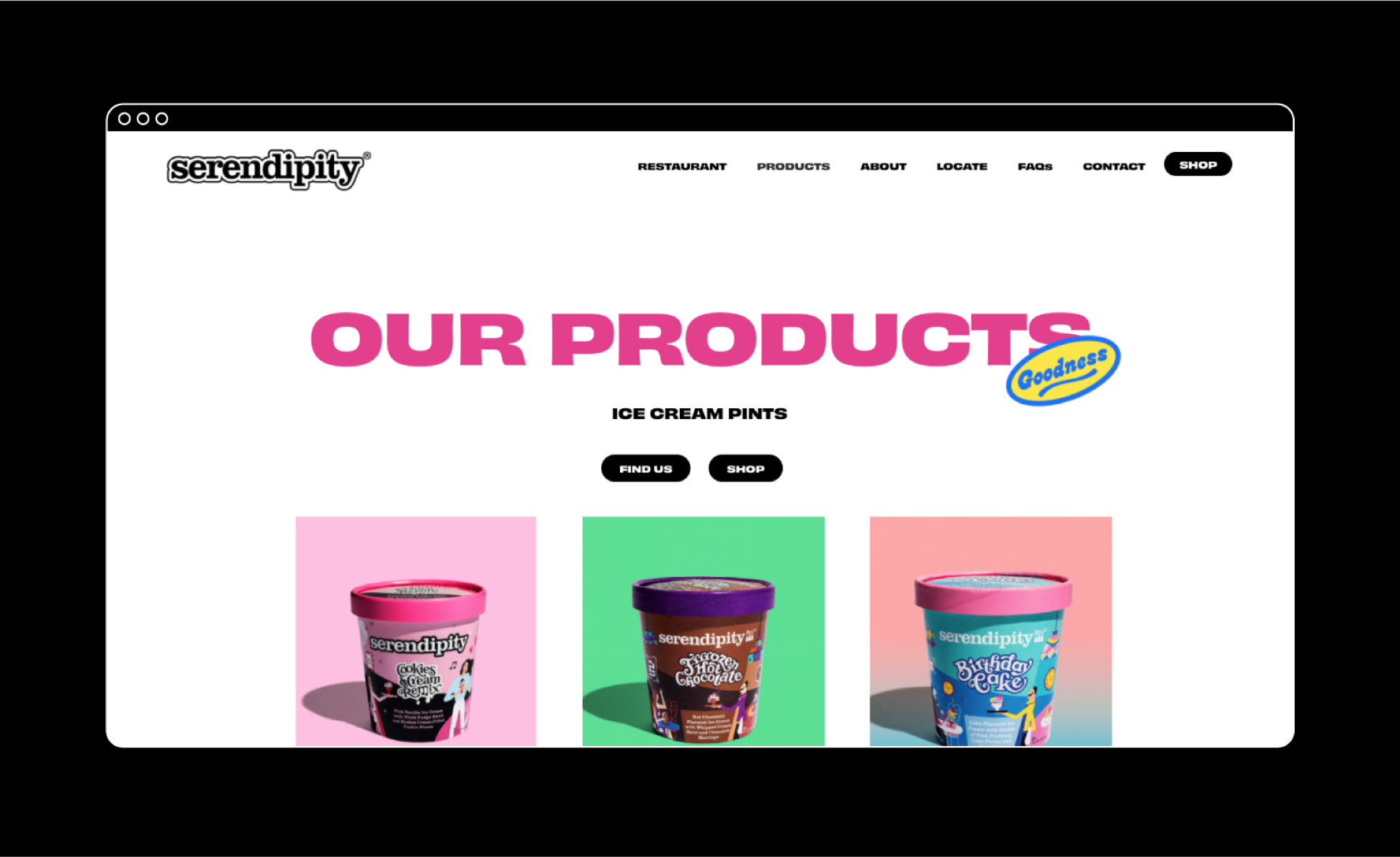 Website homepage for Serendipity ice cream brand, featuring colorful product images of ice cream pints, navigation menu with options like Restaurant, Products, About, Locate, FAQs, Contact, and Shop, and large pink text stating "Our Products" with a Goodness logo.
