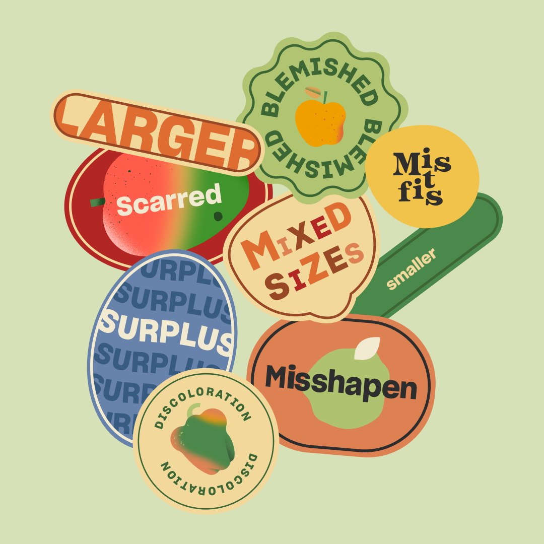 Collection of colorful fruit-themed stickers with words like 'Blemished,' 'scarred,' 'larger,' 'mixed sizes,' 'smaller,' 'discoloration,' 'misshapen,' and 'surplus,' featuring images of apple and pear.