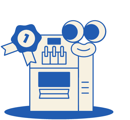 Blue cartoon slot machine with a first-place ribbon attached to its left side and a cartoon worm with big eyes and a smiling face beside it.