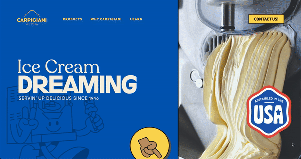 Packaging for Carpigiani ice cream, featuring a blue background with product information, a photo of ice cream being made, and a USA assembly label.