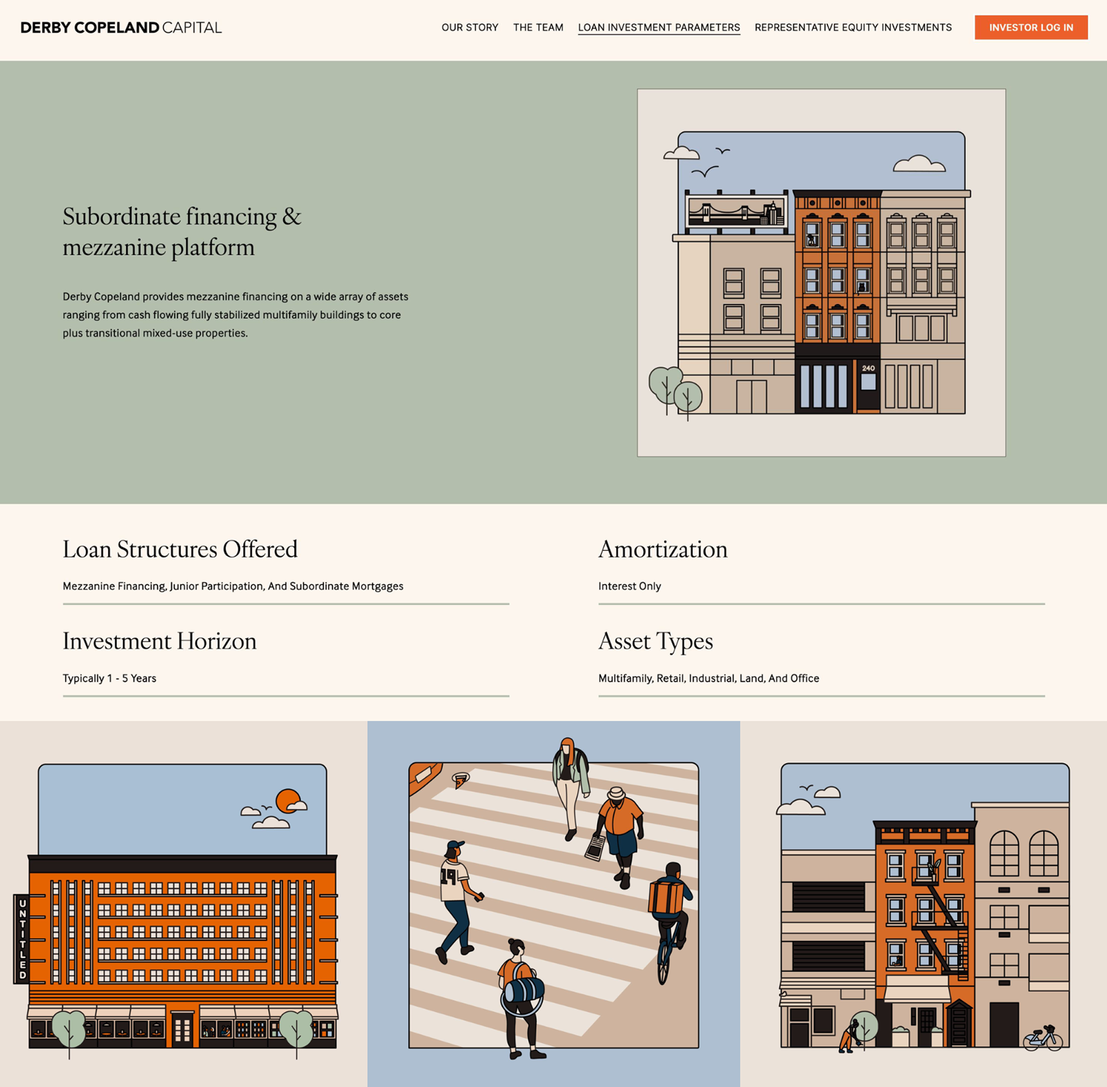 A webpage showcasing Derby Copeland Capital's services in subordinate financing and mezzanine platform. The page features an illustration of a multistory building, a cityscape, and diverse urban scenes with people walking, biking, and building fire escapes.