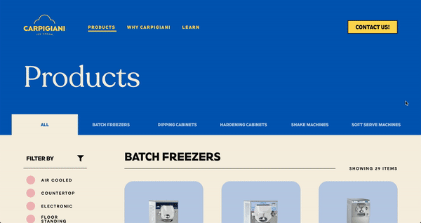 Screenshot of a website page for Carpigiani products, specifically batch freezers, with navigation options for various product categories and filters on the left side.