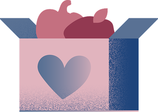 A pink box with a heart on the front, containing pink and maroon roses inside.