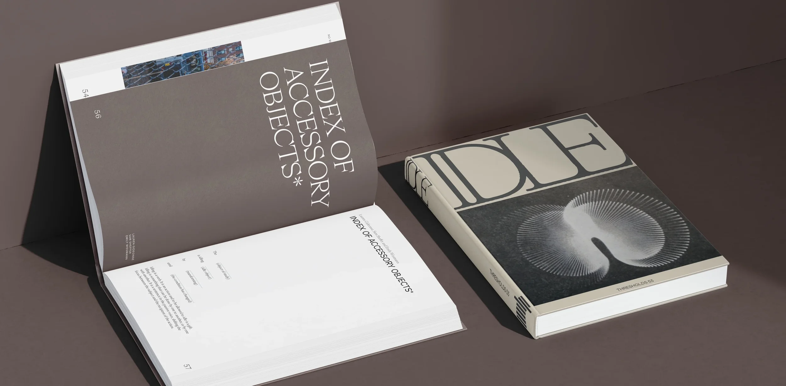 Open book displaying text on accessory objects and a closed book titled "Threshold 55."