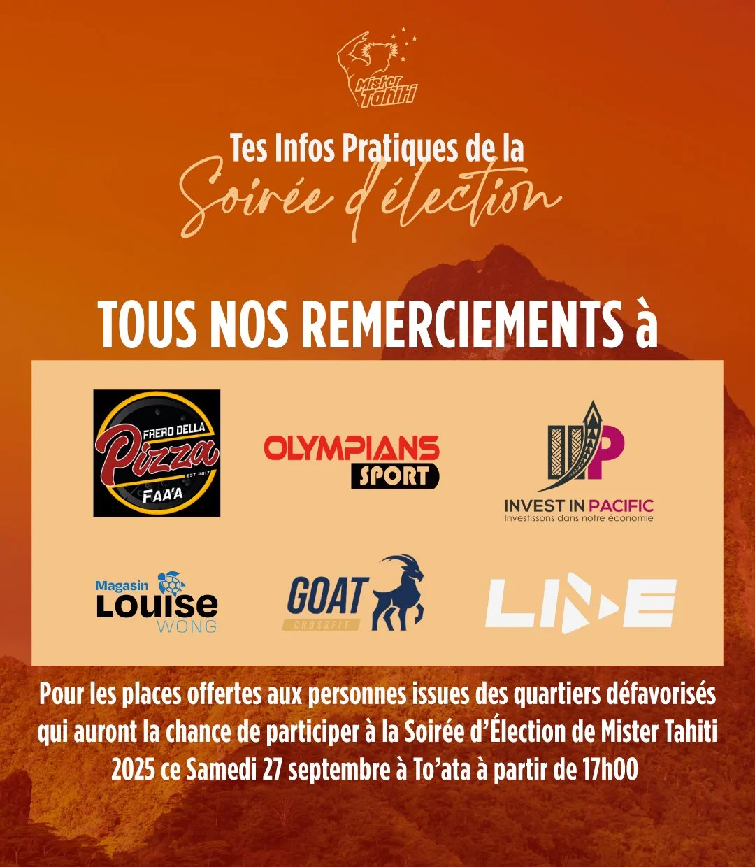 💛 Une immense gratitude &agrave; Frero de la Pizza, Olympians Sports, Invest in Pacific, Magasin Louise Wong, Goat Crossfit et Live Tahiti 🙌

Gr&acirc;ce &agrave; leur magnifique geste, ils ont d&eacute;cid&eacute; d&rsquo;acheter et d&rsquo;offrir
