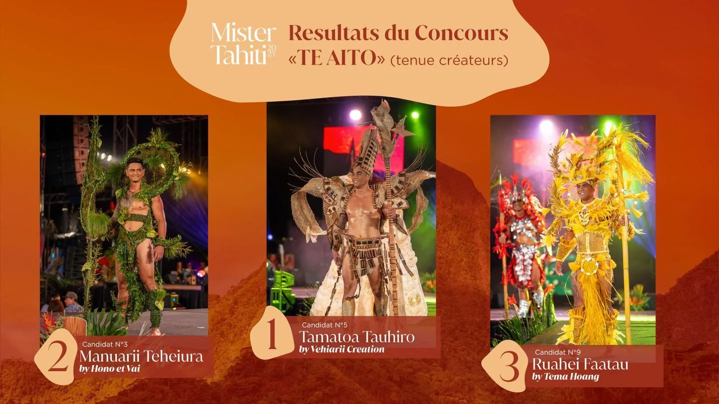 🎨 Passage &laquo; Te Aito &raquo; &ndash; Costumes Cr&eacute;ateurs 2025

Parce que Mister Tahiti, c&rsquo;est aussi une vitrine du talent polyn&eacute;sien ✨ Chaque ann&eacute;e, notre passage &laquo; Te Aito &raquo; met &agrave; l&rsquo;honneur le