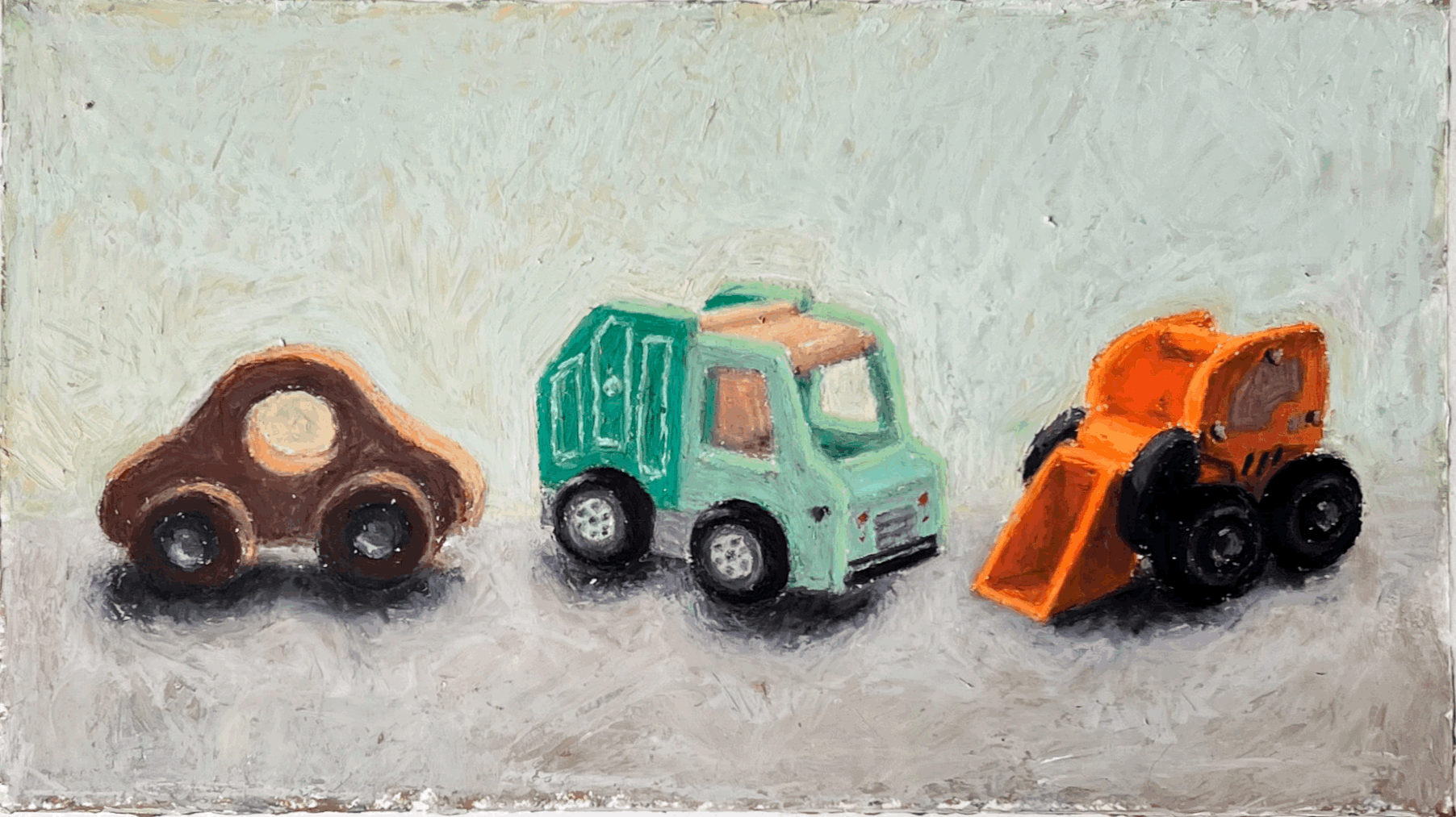Three Wooden Toys, 2025, oil pastel on paper, 32 x 20 cm