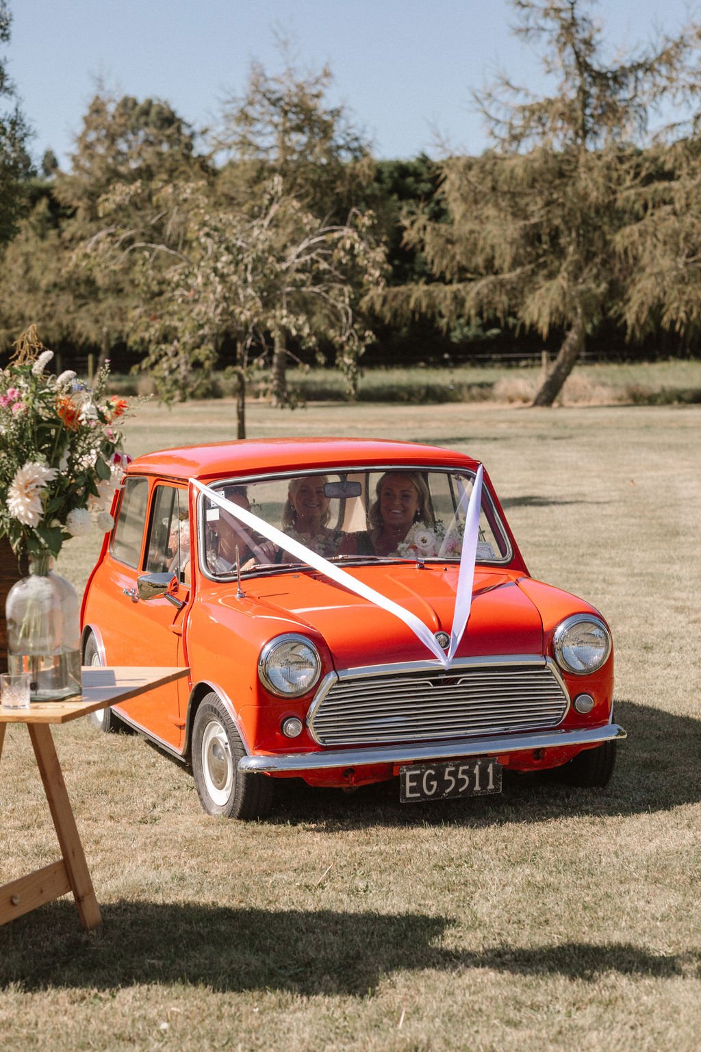 Vintage wedding car with ribbons at Heidi & Michael's wedding in Darfield