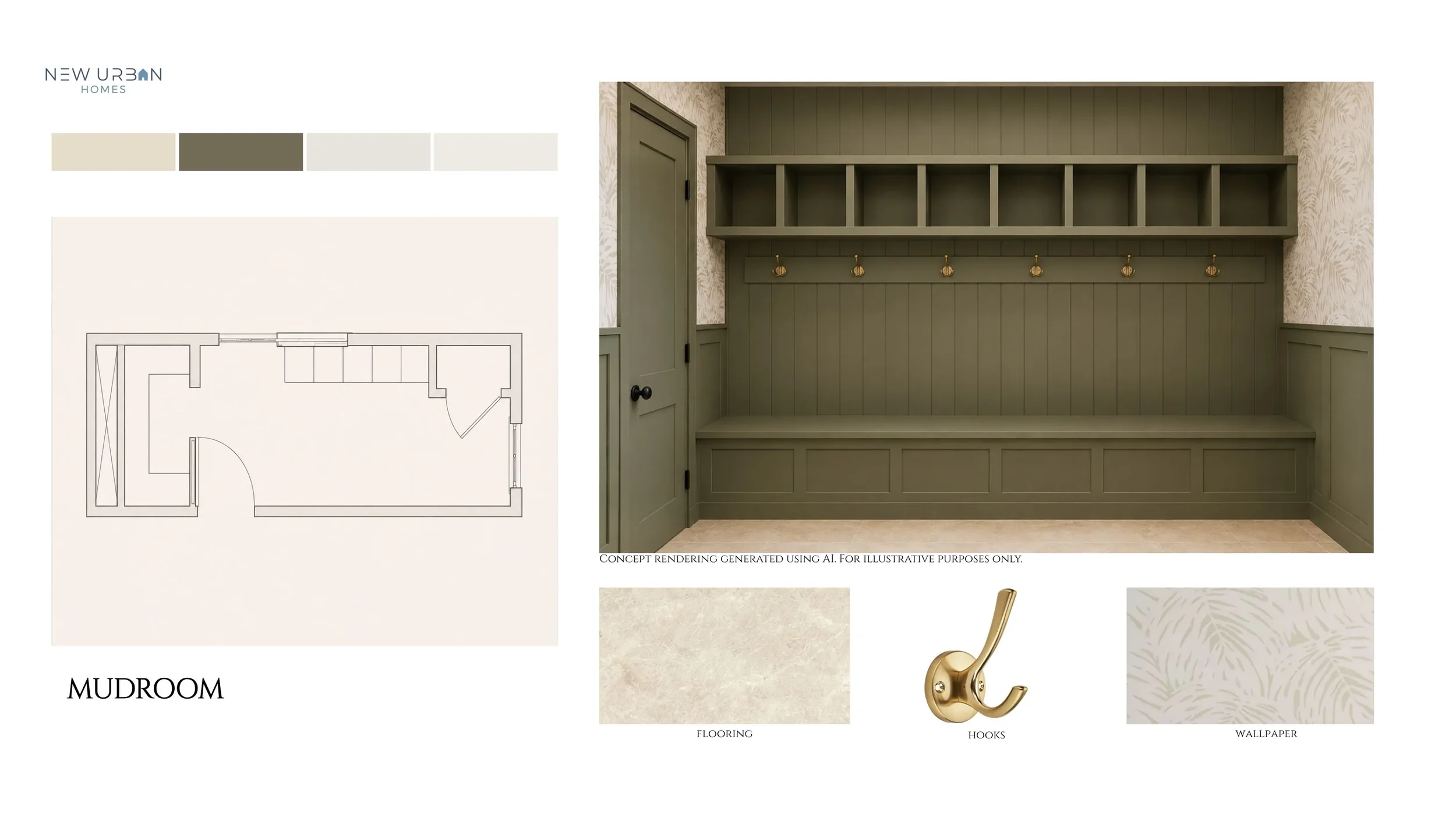 Mudroom featuring custom built-in storage in a sage green finish, brass hardware, and durable flooring