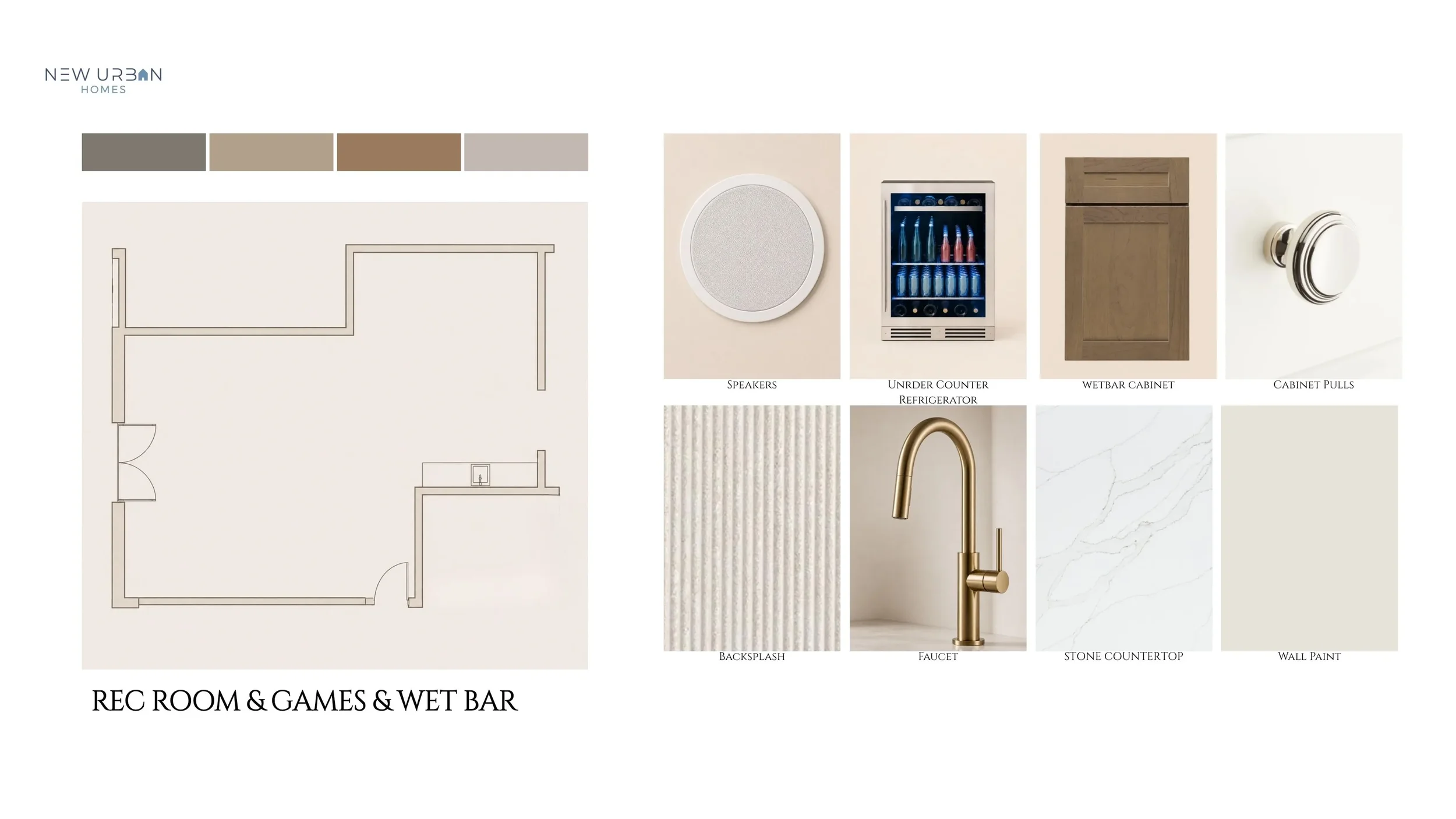 Rec Room & Wet Bar featuring custom cabinetry, a built-in wine fridge, brass fixtures, and marble countertops.