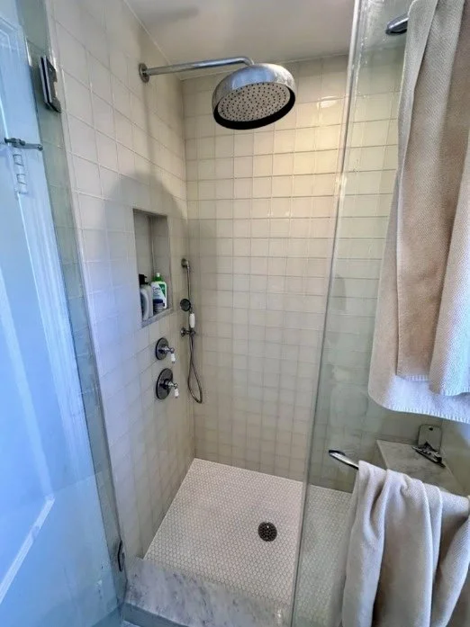 Walk-in shower with designer tile