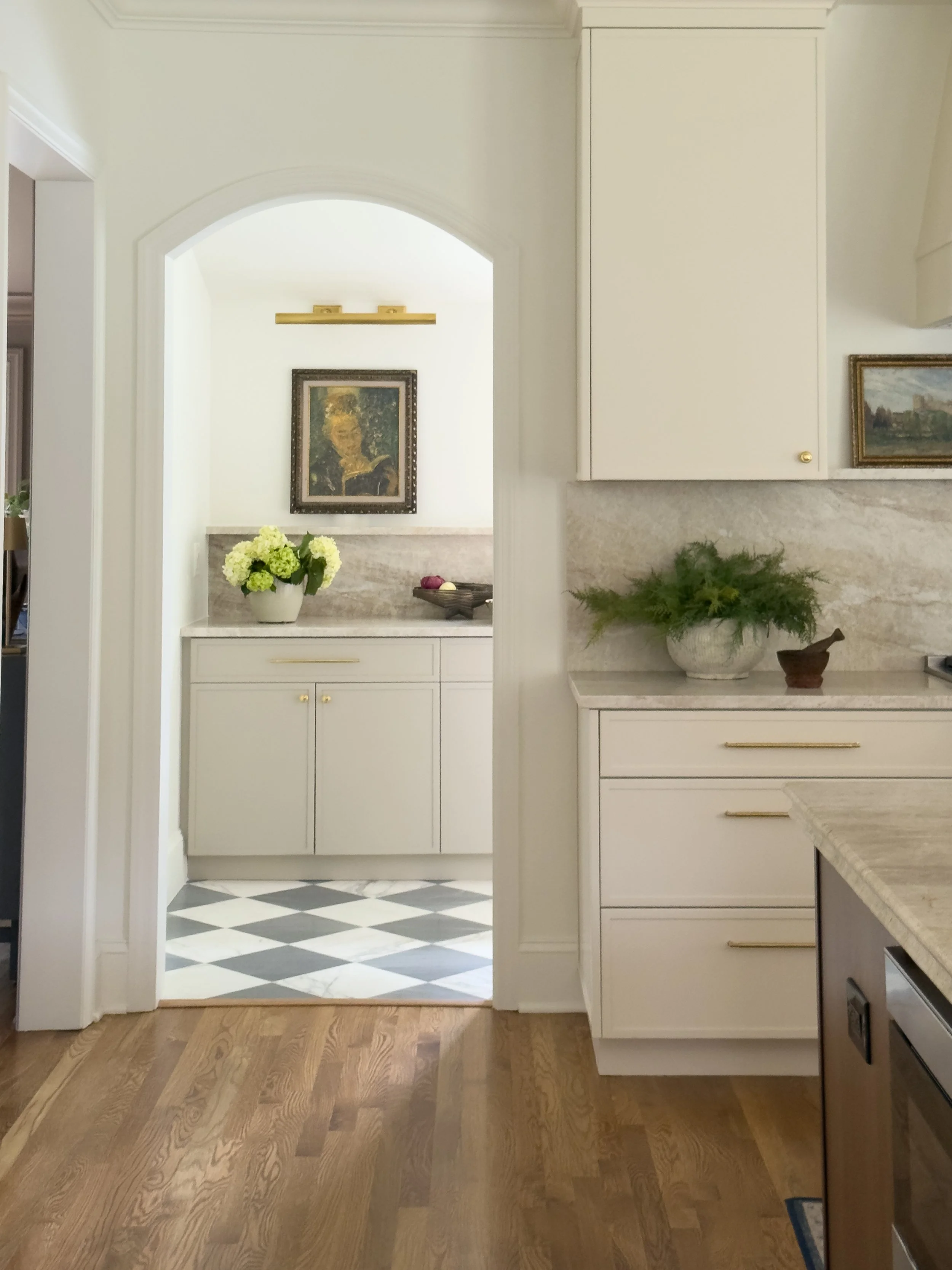 Custom Kitchen with Marble Zia Tile and Taj Mahal Quartzite Countertops and Art with Light in Arlington, VA