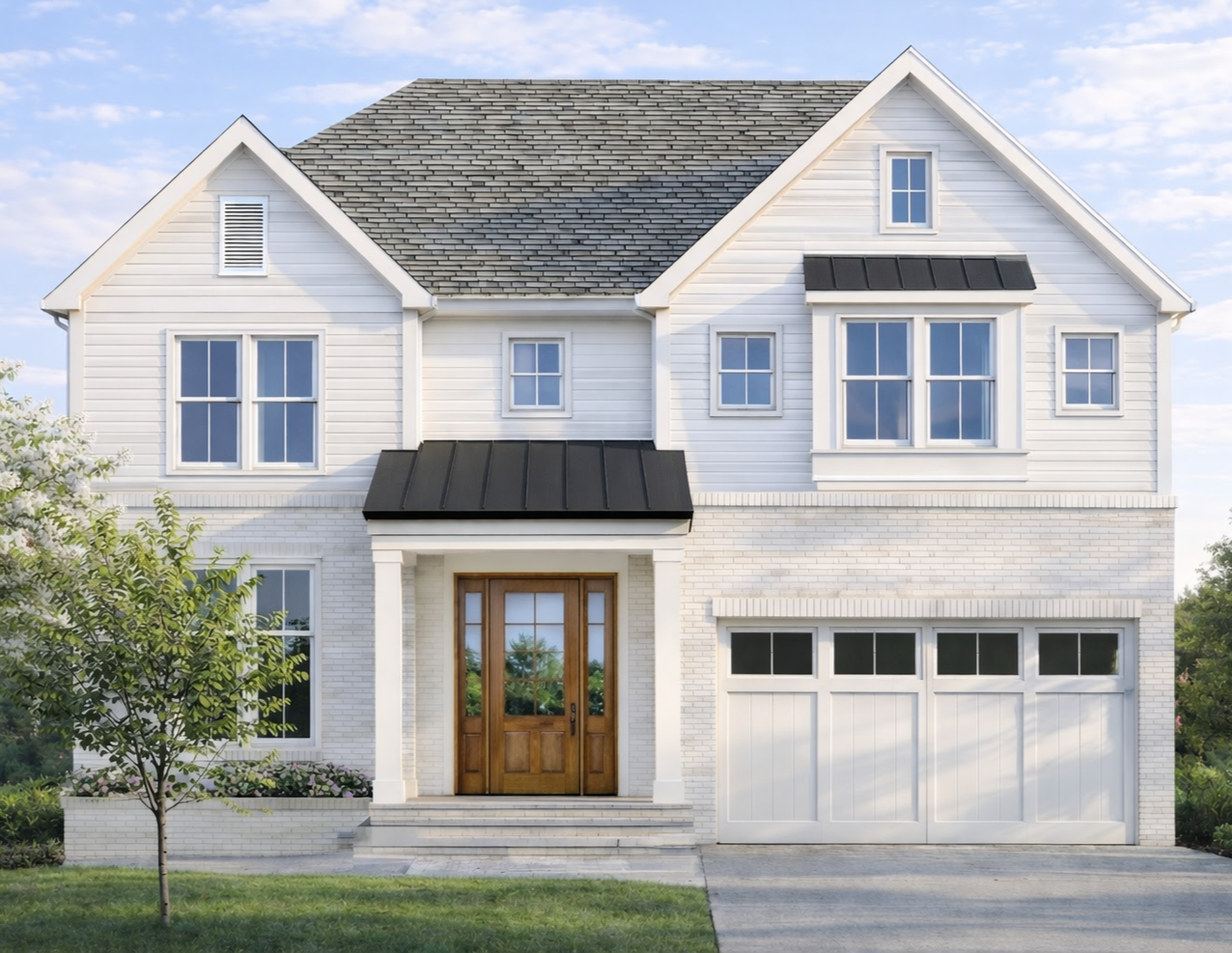 Rendering of custom home exterior with white siding and black roof, 27th St N in Williamsburg, Arlington, VA