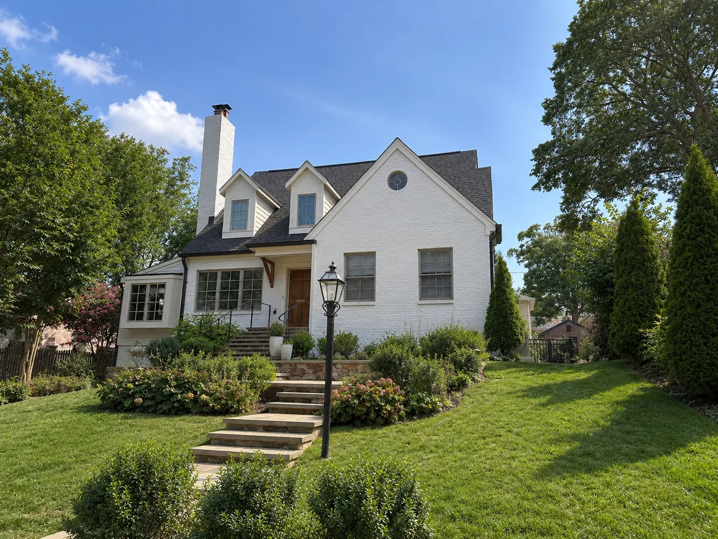 Renovation and Addition of a white house with a steep black roof in Arlington, VA