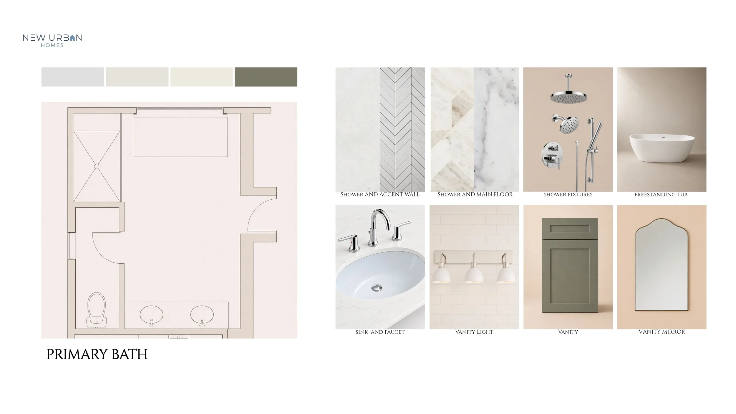 Primary Bath featuring a freestanding soaking tub, geometric tile accents, and sage-green vanity finishes.