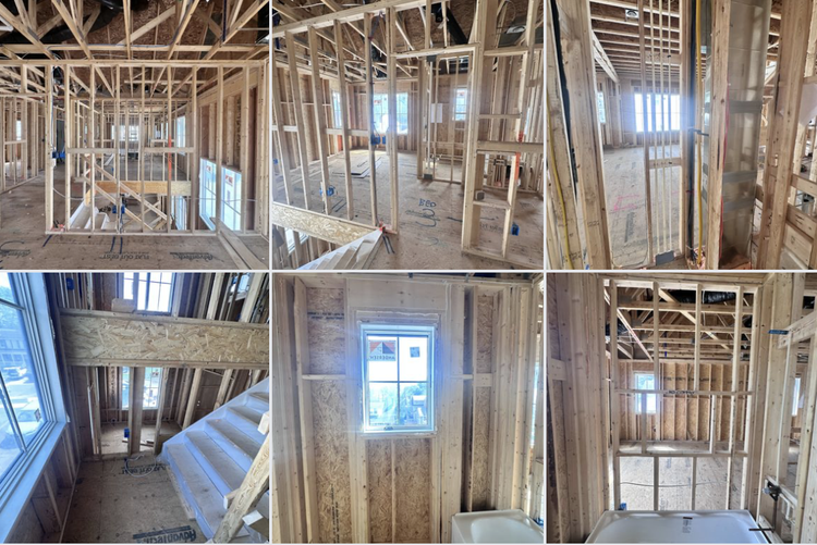 Collage of construction photos showing exposed wall framing, floor joists, and staircase during a home build in Arlington, VA