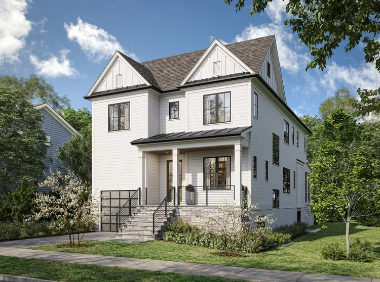 Custom home exterior with white siding, black roof, and covered front porch in Arlington, VA