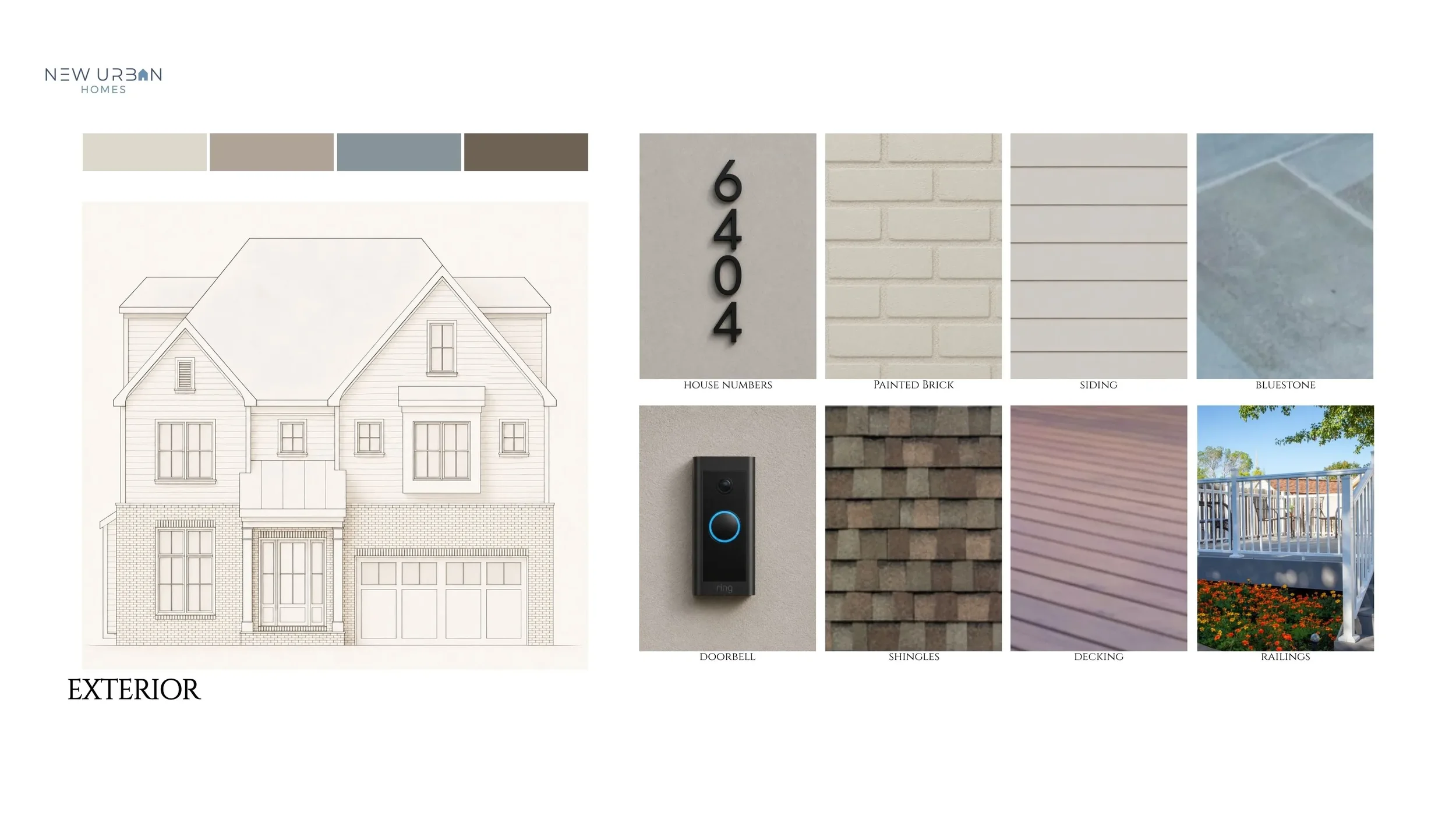 Exterior finish selections for 6404, including siding, roofing, smart entry hardware, and paving materials