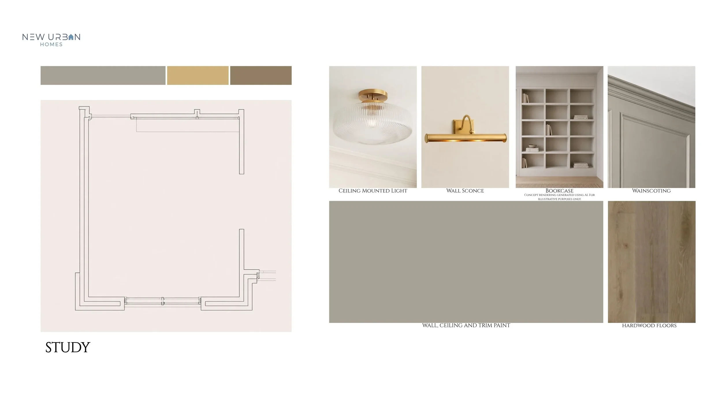 Study featuring custom built-in shelving, warm wood tones, and a sophisticated olive-green wall finish.