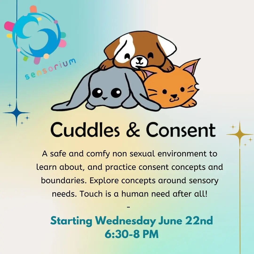 Cuddles and consent starting this Wednesday! 

A regular Neurodivergent led workshop for cuddling, exploring sensory needs and consent, and practicing boundaries. 

 For bookings go to: https://sensoriumarttherapy.as.me/?appointmentType=33512609
