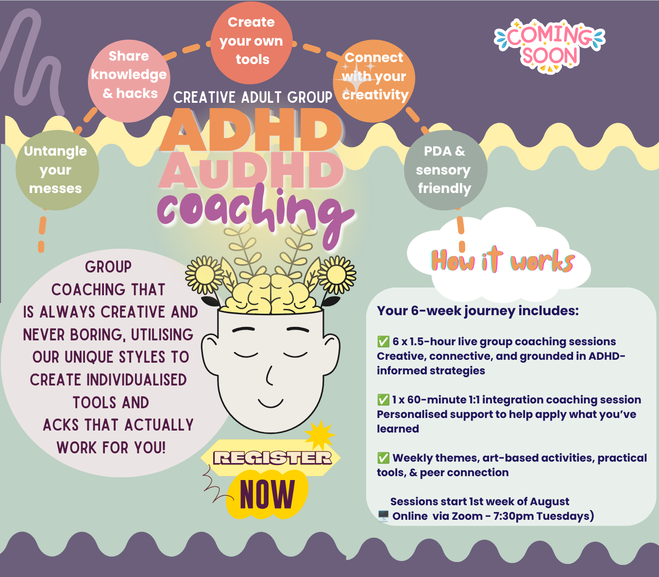 An informational graphic about ADHD coaching for adults, featuring colorful circles with tips like creating tools, sharing knowledge, and connecting with creativity. It highlights the program's 6-week journey, live group coaching, and support sessions, with a registration call to action, all set against a pastel background with a smiling brain illustration.