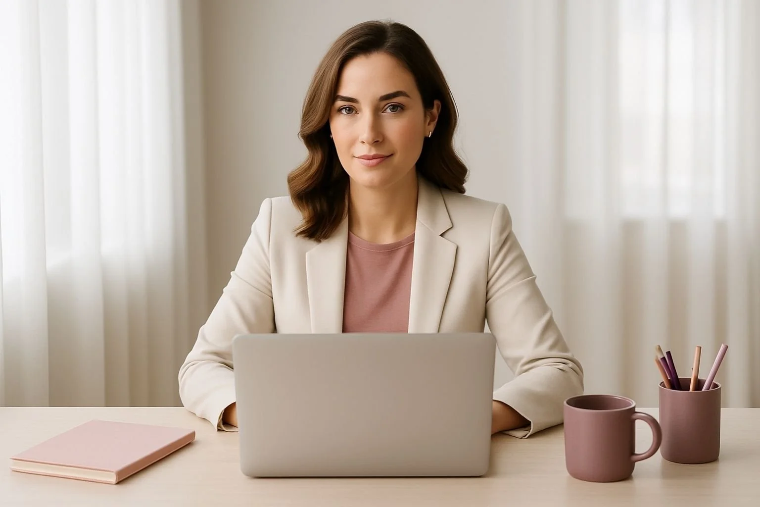 Professional woman seated at a modern desk, calmly typing on a laptop in a naturally lit space with soft blush and muted purple accents, evoking strategic focus.