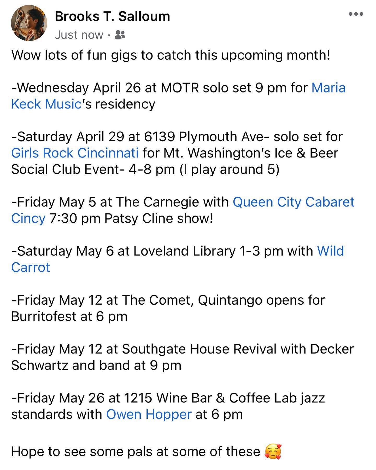 Gig schedule for the upcoming month!