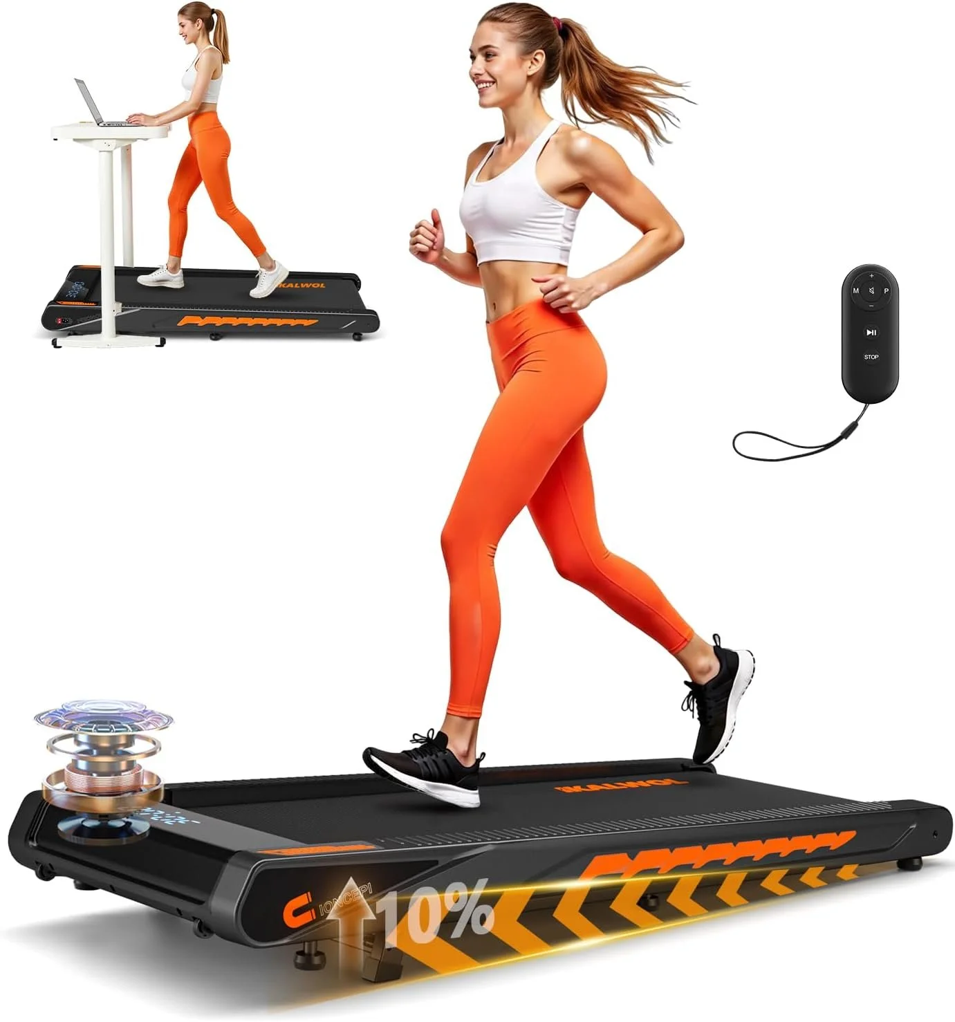 A woman with long brown hair in a ponytail wearing a white tank and orange leggings running on a walking page treadmill