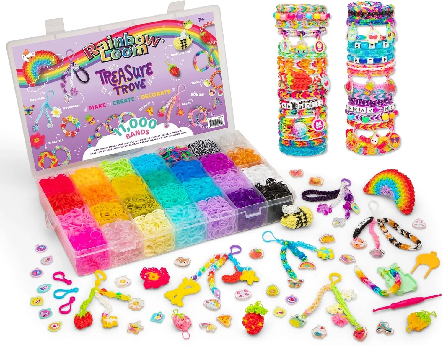 Rainbow loom kit with colorful rubber bands and accessories