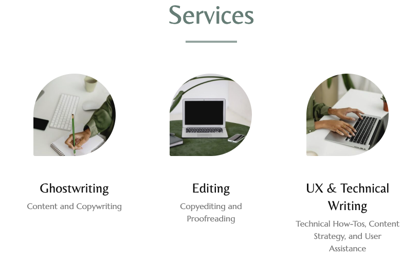 List of services including ghostwriting, editing, and UX/technical writing