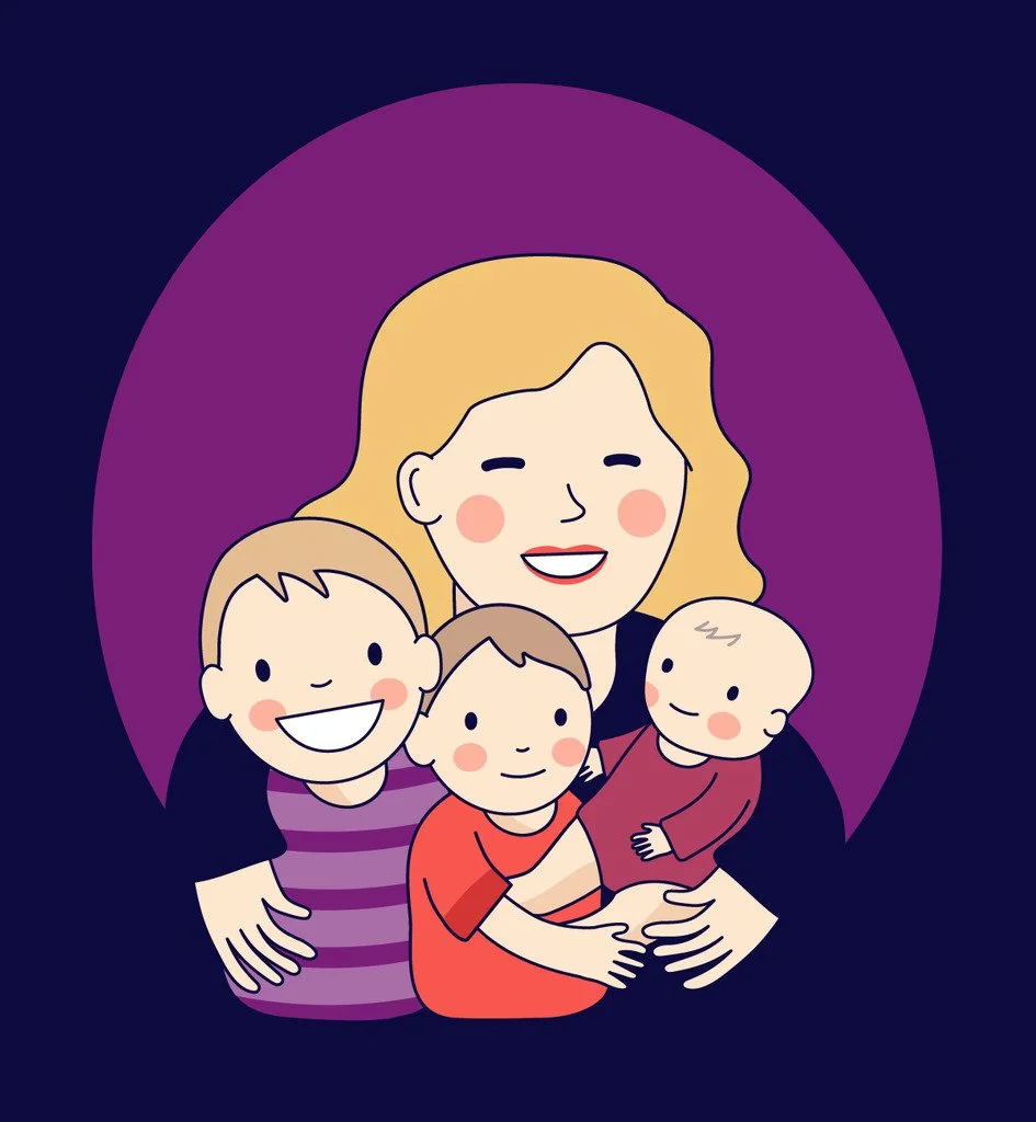 cartoon of a mom with blonde hair hugging three cartoon children of varying ages from infant to school age