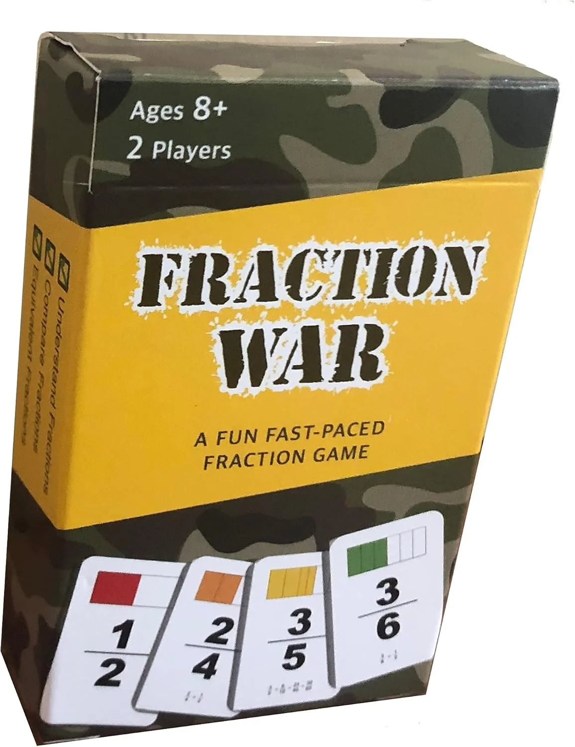 Fraction War card game box showing a variety of game cards printed with fractions