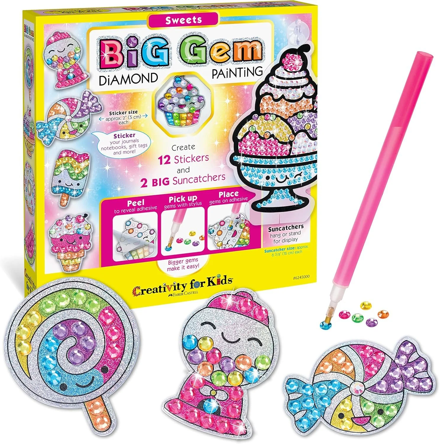Gem painting kit showing the box and three stickers (lollipop, gumball machine, and candy)