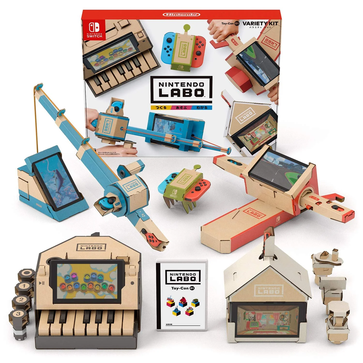 Nintendo Labo kit, showing the various projects that can be made with cardboard pieces - a fishing pole, a Nintendo Switch holder, and other crafts are pictured