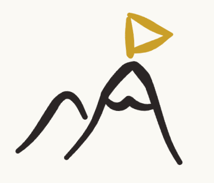 drawn silhouette of mountains, one with a yellow flag on top
