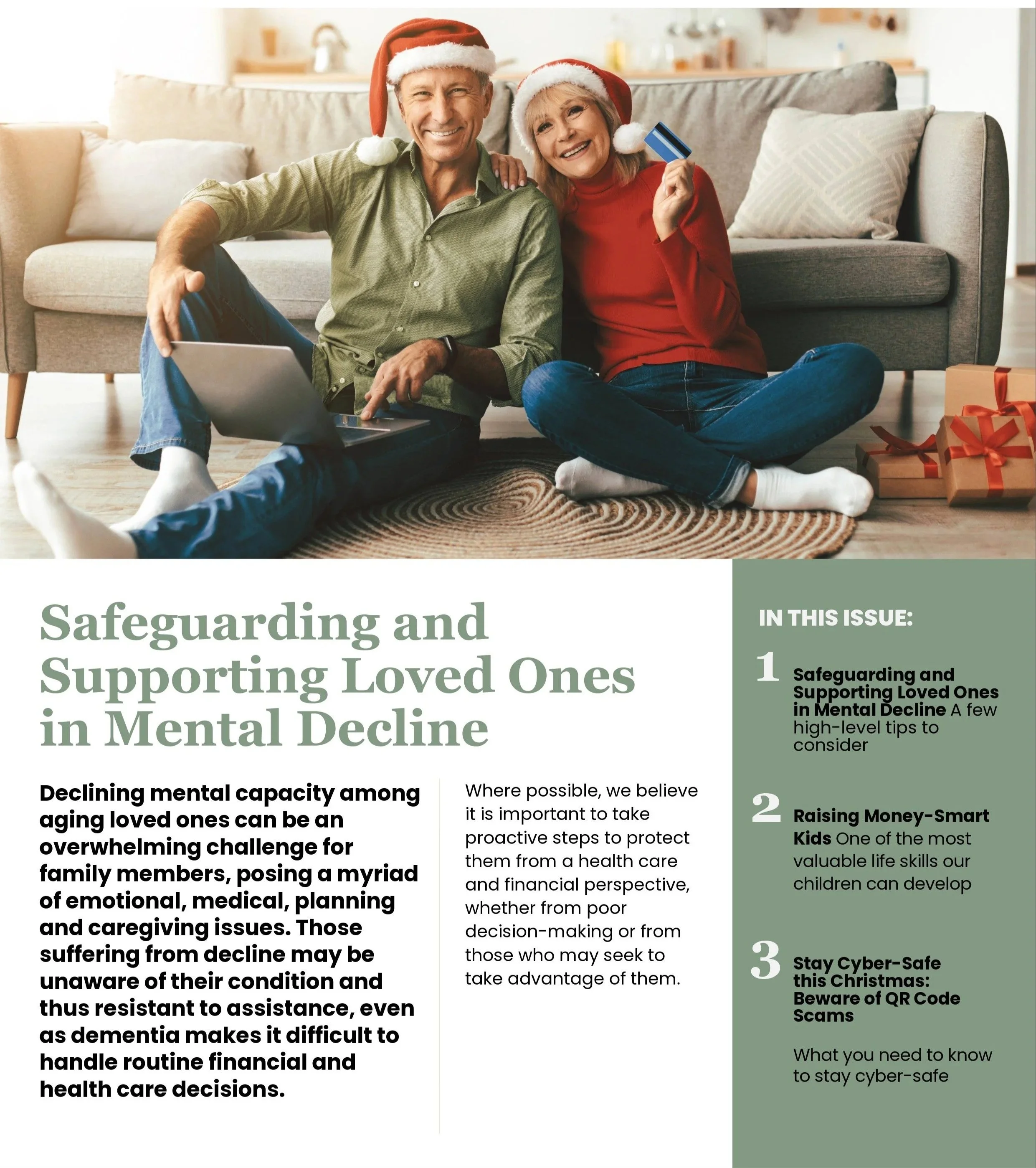A cheerful couple sitting on the floor in a cozy living room, wearning santa hats and smiling. Around them are festive touches, wrapped gifts. The scene creates family connection and holiday spirit, which contrasts gently with the serious topic of ag