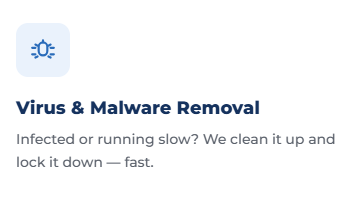 Virus & Malware Removal service advertisement with a blue shield icon
